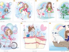 7P可爱的女孩画与动物矢量插画Cute girl painted design with animals